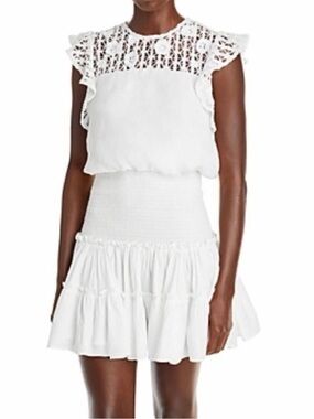 Aqua White Lace Yoke Smocked Waist Tiered Mini Dress
